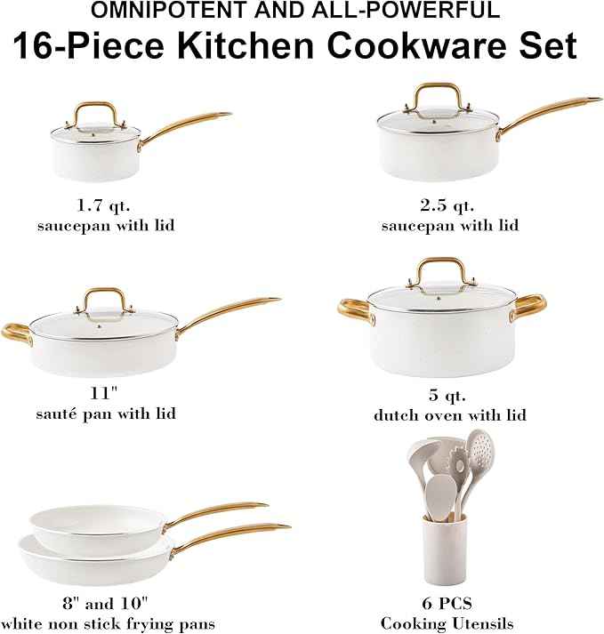 Ceramic Cookware Set, VONIKI 16 Pcs Pots and Pans Set Non Stick, Kitchen Cookware Sets with Cooking Utensils Set, Non Toxic Cookware Set White Gold Pan Set for Cooking Pot Oven & Dishwasher Safe, Gift