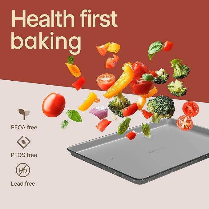 Bakken 8-Piece Stackable Bakeware Set – Ceramic Non-Stick, Oven-Safe Baking Sheets & Pans, PTFE/PFOA/PFOS-Free, Ergonomic Handles, Includes Cooling Rack – Healthy, Non-Toxic Baking Essentials