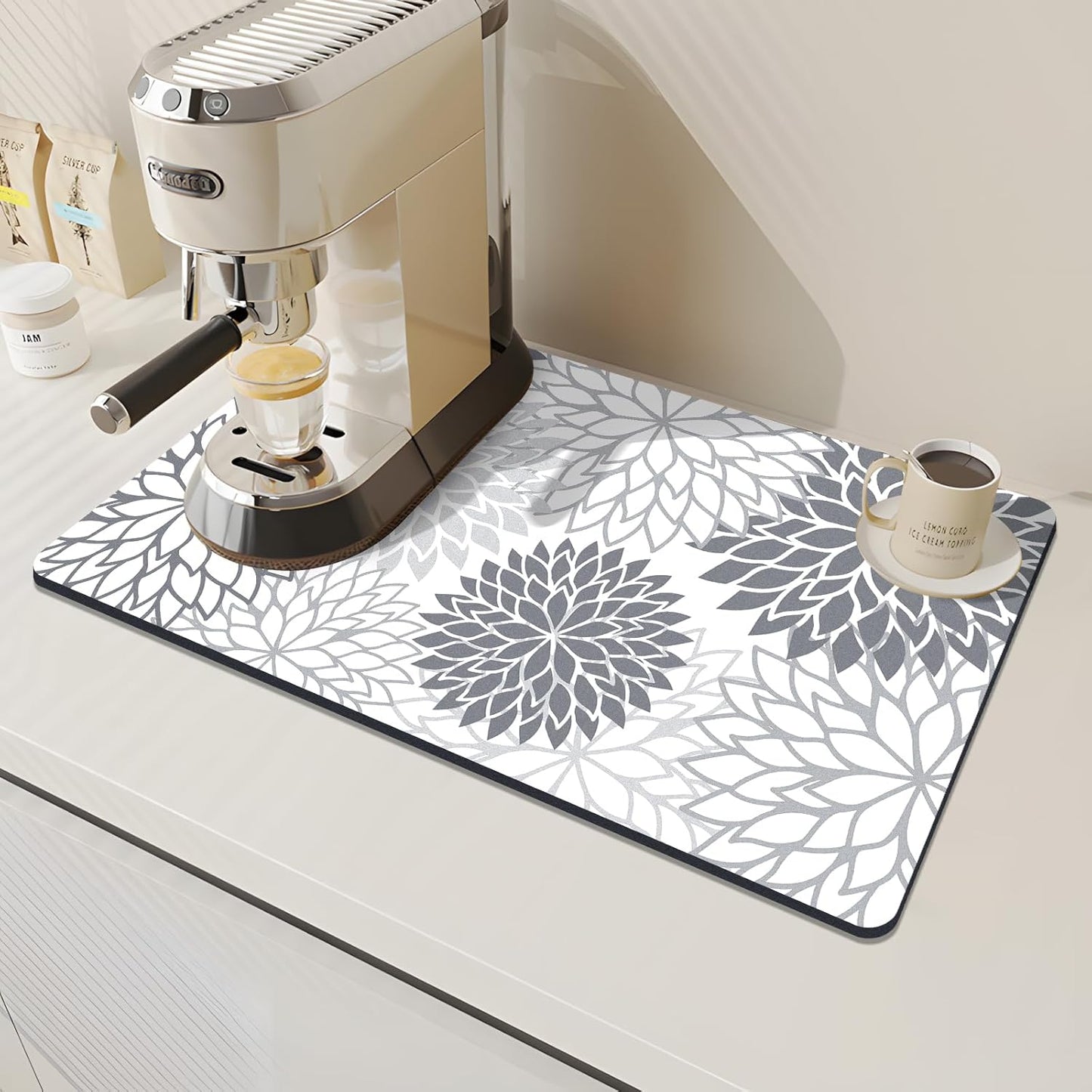 Findosom 2PCS 17" x 32" Dish Drying Mat & 24" x 5.5" Sink Splash Guard, Super Absorbent & Cuttable Dish Mat Drying Kitchen Mat with Gray Floral, Hide Stain Drying Mat for Kitchen Counter