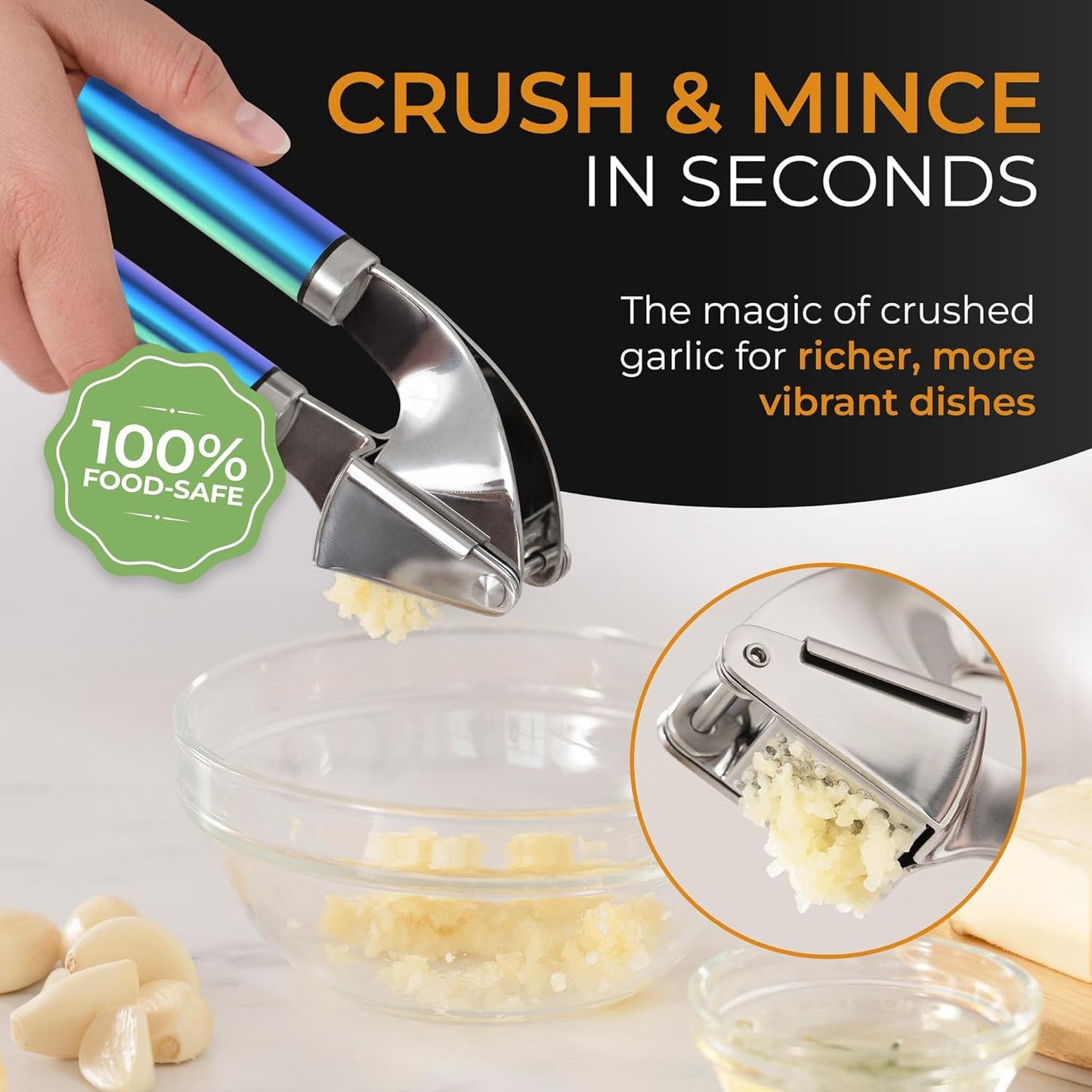 ORBLUE Garlic Press Stainless Steel - Premium Professional Grade Garlic Mincer, Crusher & Peeler Set - Easy Clean, Dishwasher Safe & Rust-proof, Multi-colored - Culinary Roots