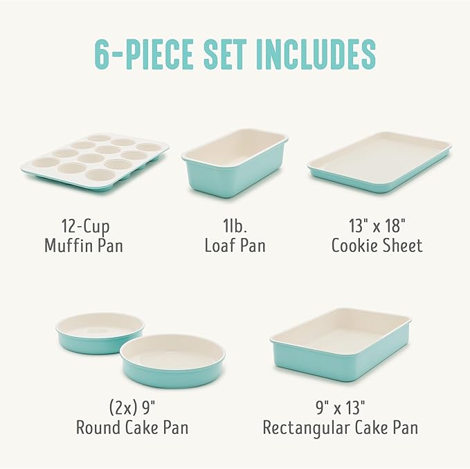 GreenLife 6 Piece Nonstick Bakeware Set, Non-Toxic PFAS-Free Ceramic Oven Pans, Dishwasher & Oven Safe to 450°F, Easy Release Baking Sheet, Loaf Pan, Rectangle & Round Cake, Muffin Pan, Turquoise