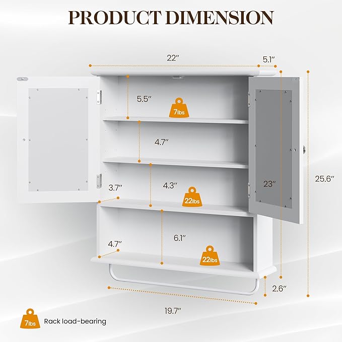 RoyalCraft 22x25 Bathroom Medicine Cabinet with Mirror, Large Wood Wall Mounted Storage Cabinet with Shelves and Towel Bar, Over The Toilet Storage Cabinet for Bathroom, Laundry, Living Room, White