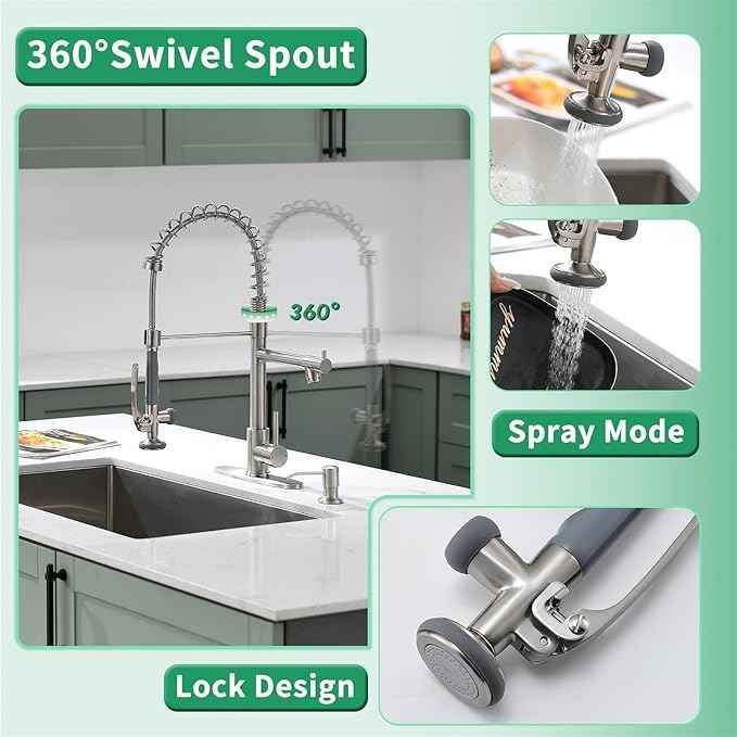 Fapully Commercial Pull Down Kitchen Sink Faucet with Sprayer Brushed Nickel Single Handle Faucets for Kitchen Sink, Kitchen Faucet with Soap Dispenser and Deck Plack for 4 Hole
