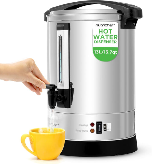 NutriChef Water Boiler and Hot Water Dispenser, 13L Electric Beverage Dispenser with Safety Lock Lid, Non-Drip Tap, Warm Function, Food Grade Stainless Steel, Home and Commercial Use, 20x11x11 in.