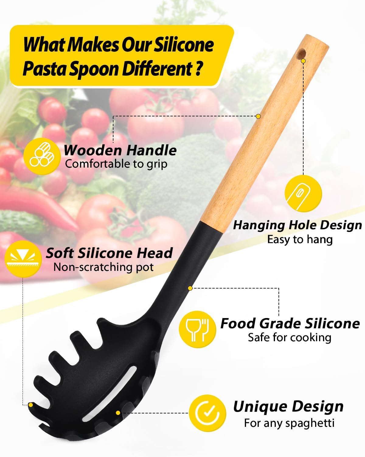 Pack of 2 Spaghetti Spoon, Silicone Pasta Fork with Wooden Handle, Heat Resistant Noodle Spoon Server, BPA Free Spaghetti Strainer(BLACK-KHAKI) - Culinary Roots