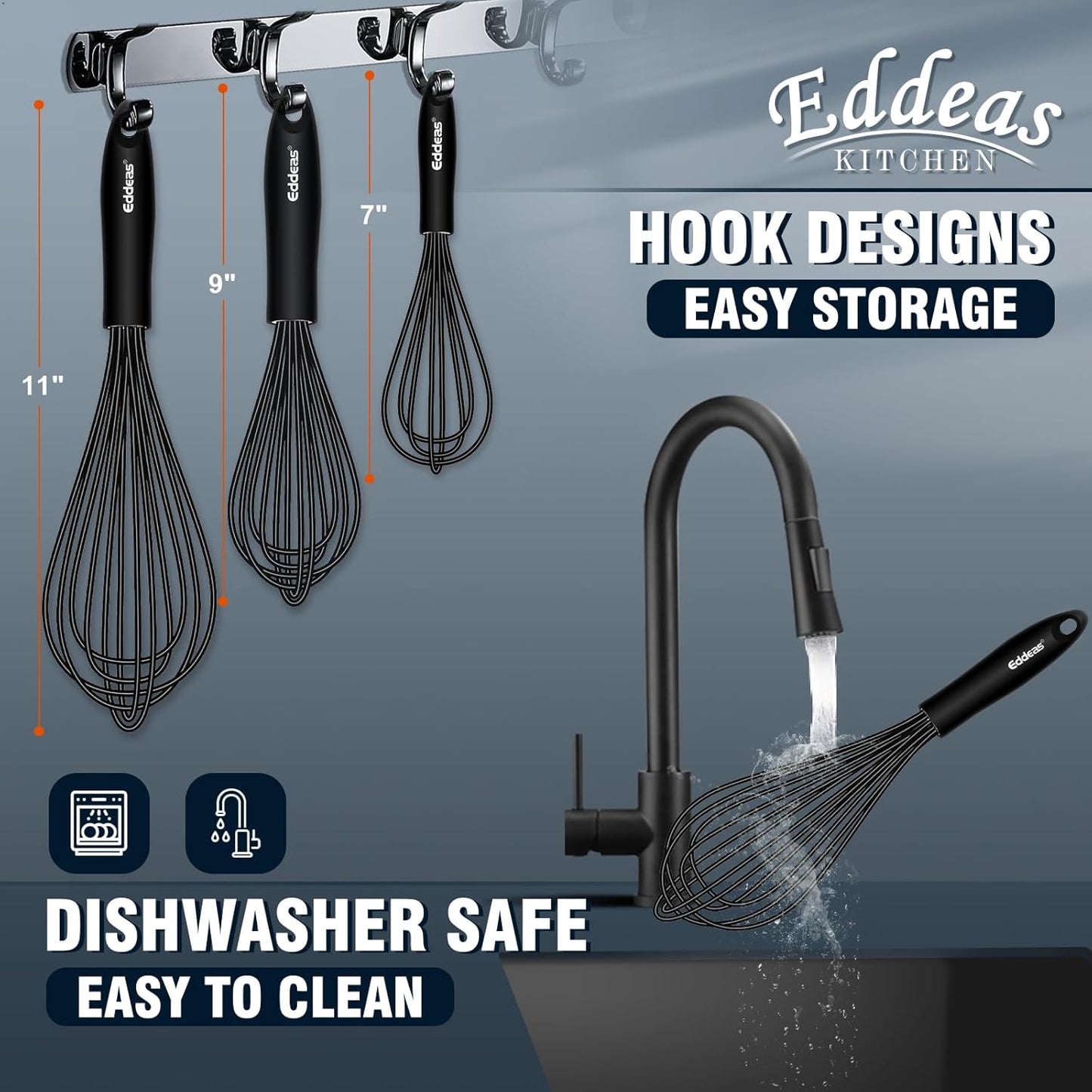 Whisks For Cooking - 500 °F Heat Resistant Silicone Whisk, Heavy Duty 7",9"&11inch Non-Scratch Balloon Kitchen Wisk tool Set, for cooking Wisking, Blending, Beating, Stirring, 3 Piece Black - Culinary Roots