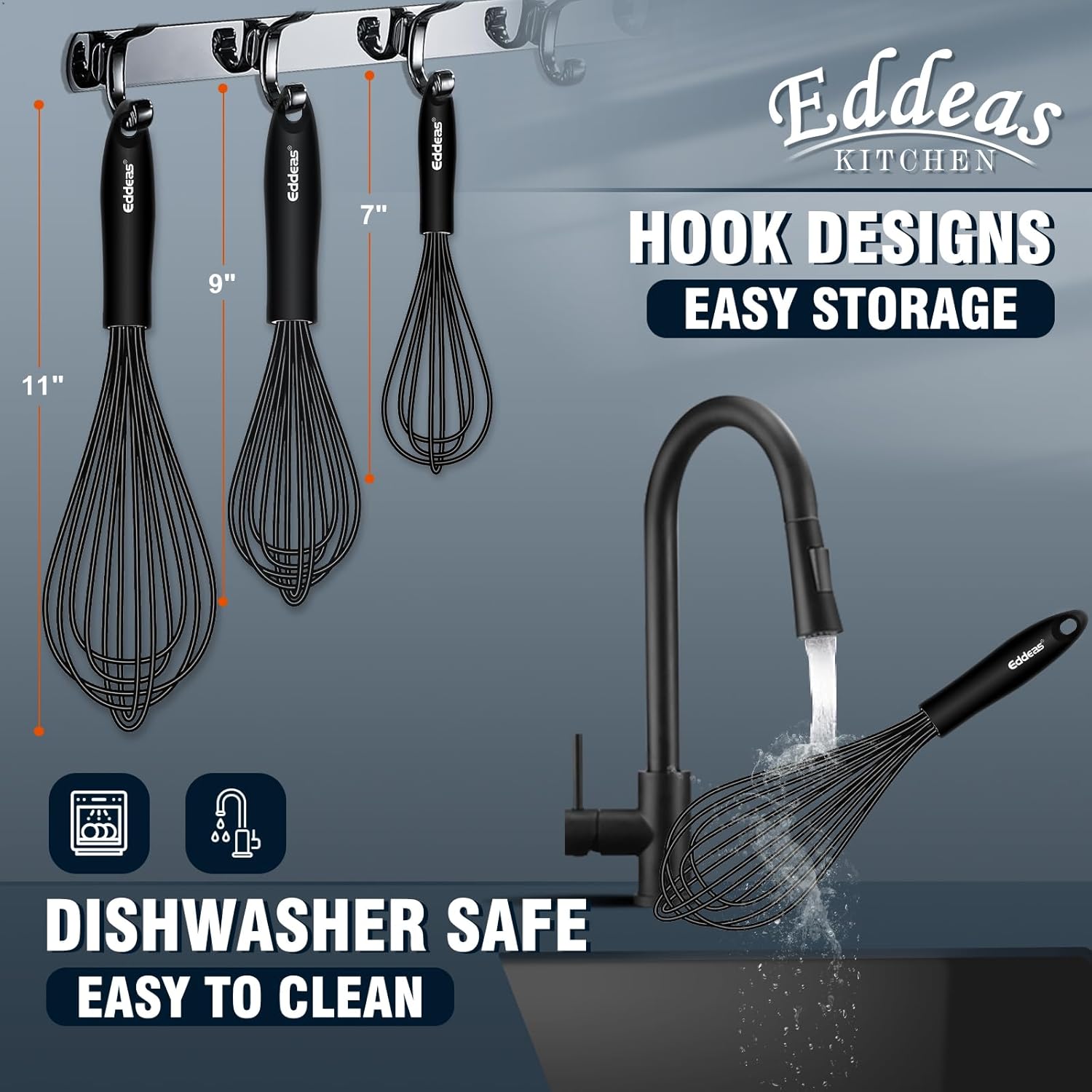 Whisks For Cooking - 500 °F Heat Resistant Silicone Whisk, Heavy Duty 7",9"&11inch Non-Scratch Balloon Kitchen Wisk tool Set, for cooking Wisking, Blending, Beating, Stirring, 3 Piece Black - Culinary Roots