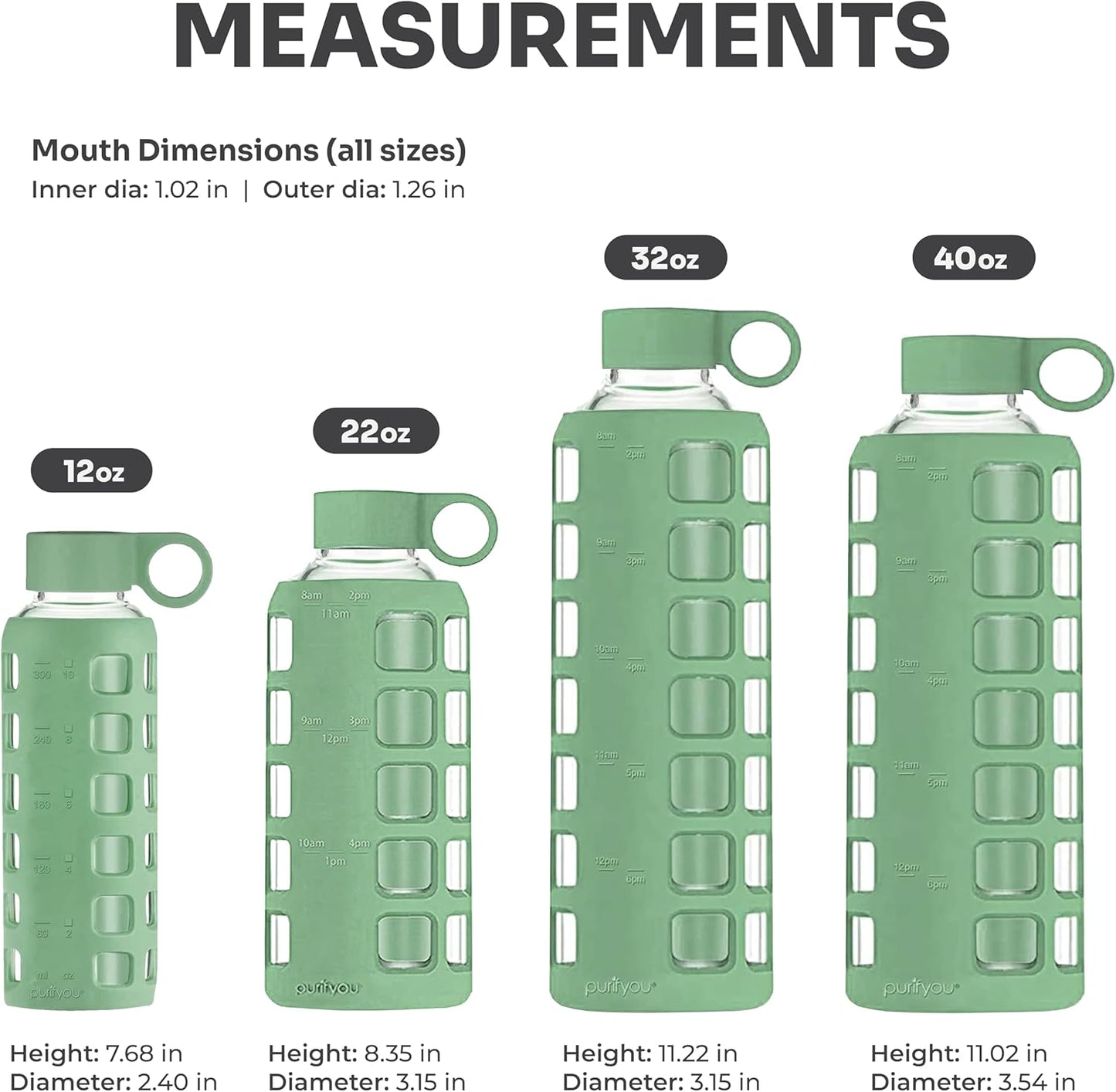 purifyou 40oz / 32oz / 22oz / 12oz Borosilicate Glass Water Bottle with Time & Volume Markers, Silicone Sleeve, Stainless Steel Lid – Reusable Glass Bottle for Water & Juice (12oz Shale Green)