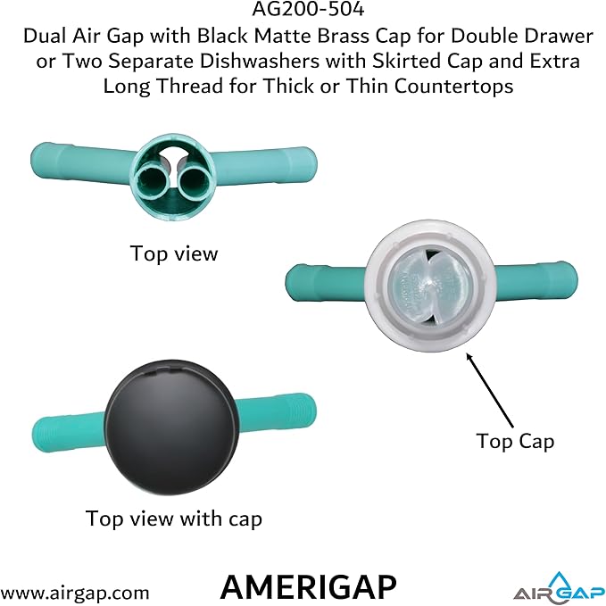 Dual Air Gap with Black Matte Brass Cap for Double Drawer or Two Separate Dishwashers with Skirted Cap and Extra Long Thread for Thick or Thin Countertops (AG200-504, AG200-X04, AMERIGAP)