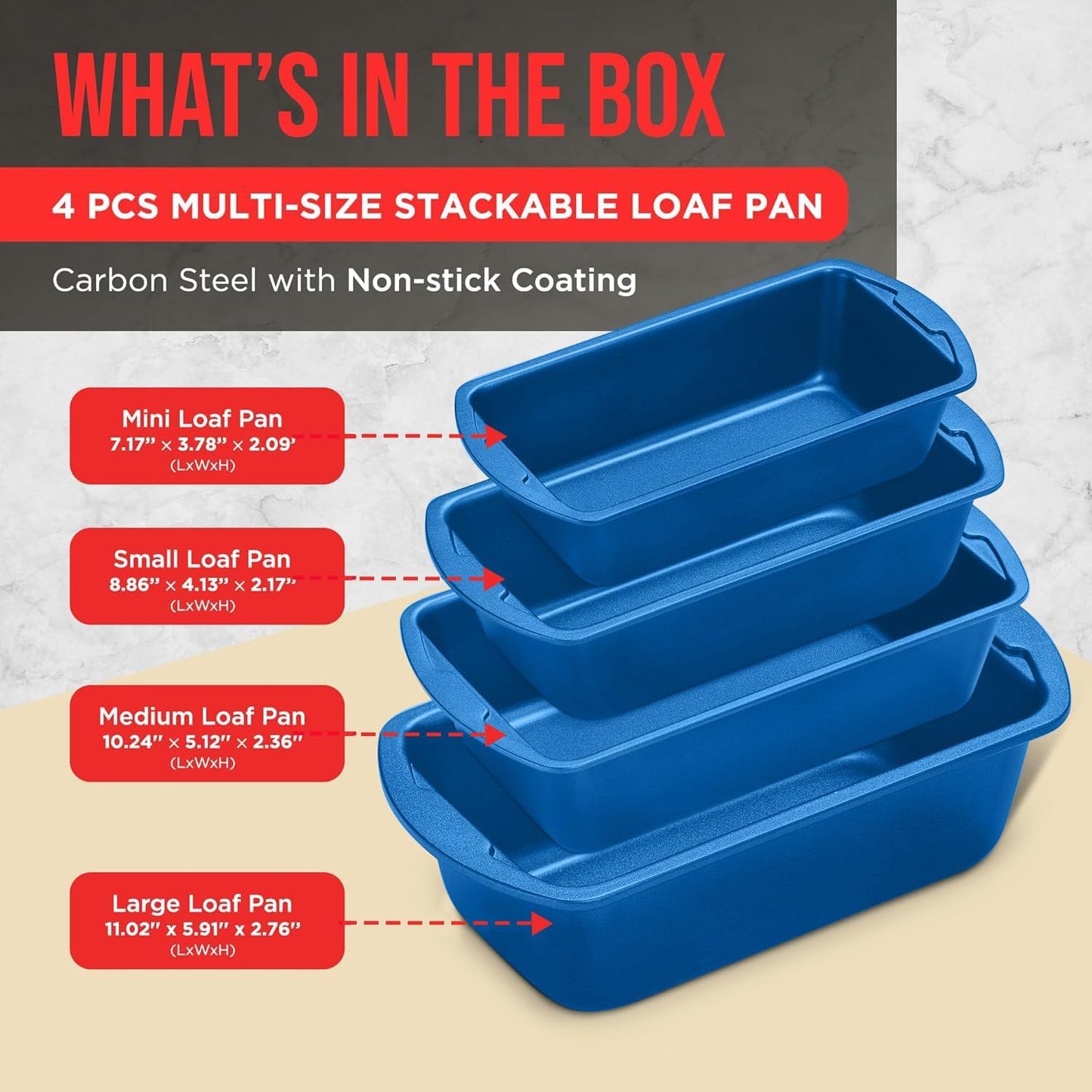 Nonstick Loaf Pan Set Pack of 4, 7" to 11" Large Baking Bread Pan, Oven Safe Up to 450°F, PFOA, PFOS, PTFE Free, Space Saving Stackable Design, Stain Resistant, Dishwasher Friendly, Blue Marble - Culinary Roots