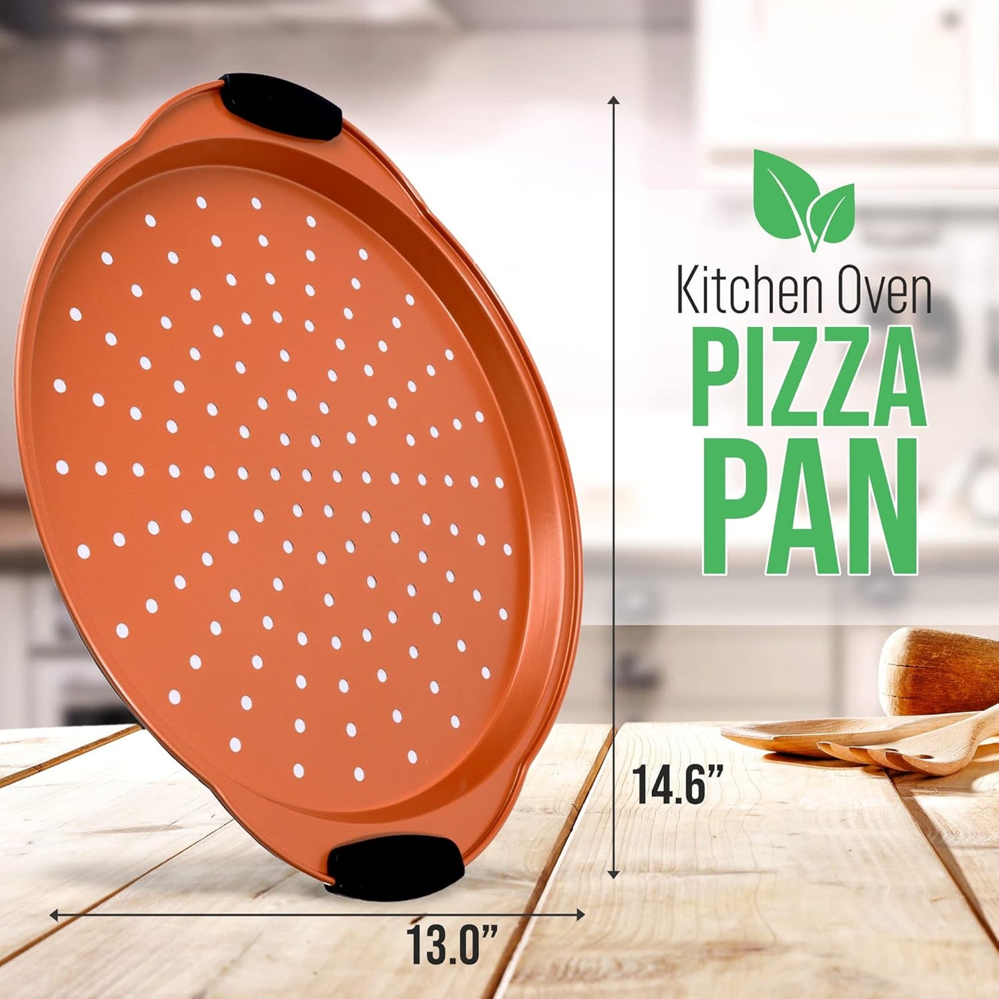 NutriChef 13-Inch Nonstick Pizza Tray - Round Carbon Steel Non-Stick Pizza Baking Pan with Perforated Holes, Premium Bakeware Pizza Screen with Silicone Grip Handles, Dishwasher Safe - Copper - Culinary Roots