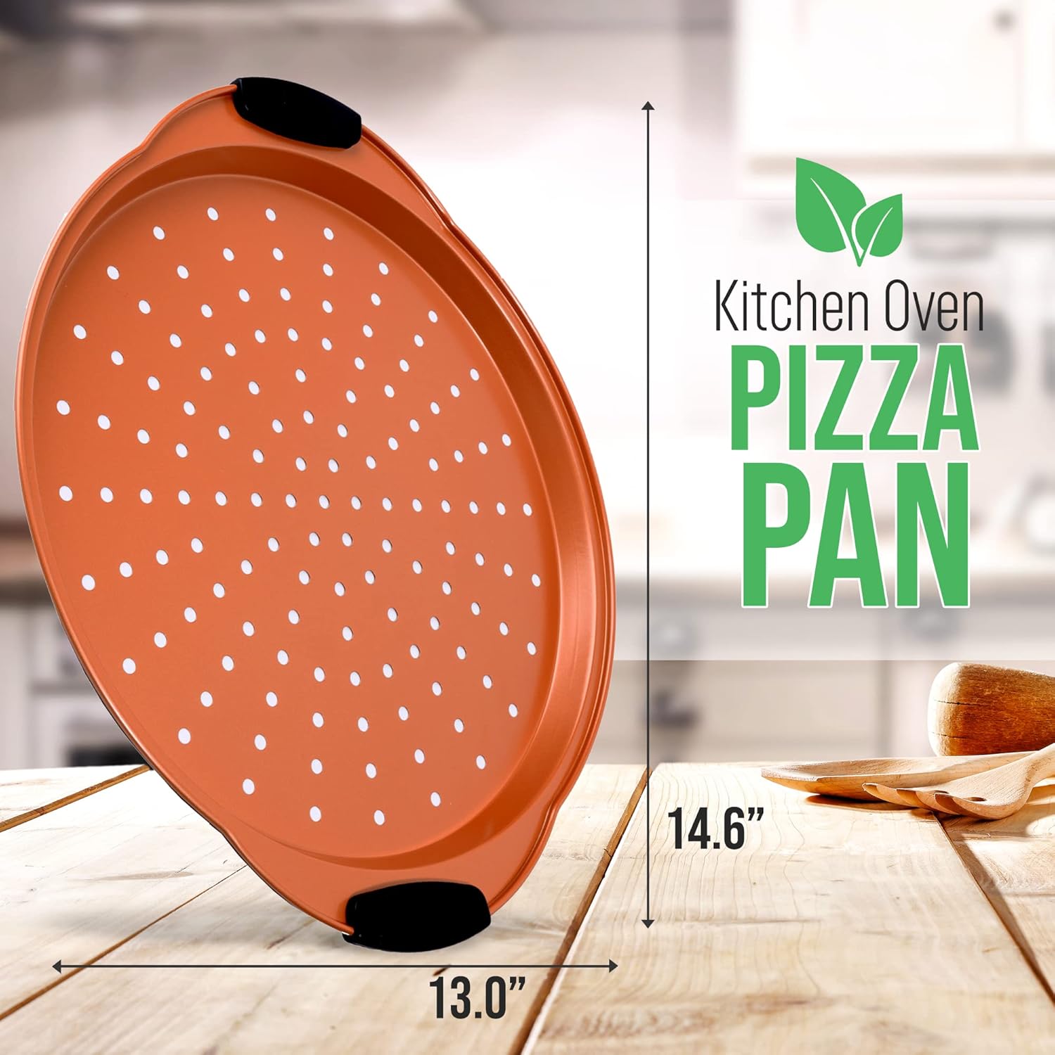 NutriChef 13-Inch Nonstick Pizza Tray - Round Carbon Steel Non-Stick Pizza Baking Pan with Perforated Holes, Premium Bakeware Pizza Screen with Silicone Grip Handles, Dishwasher Safe - Copper - Culinary Roots