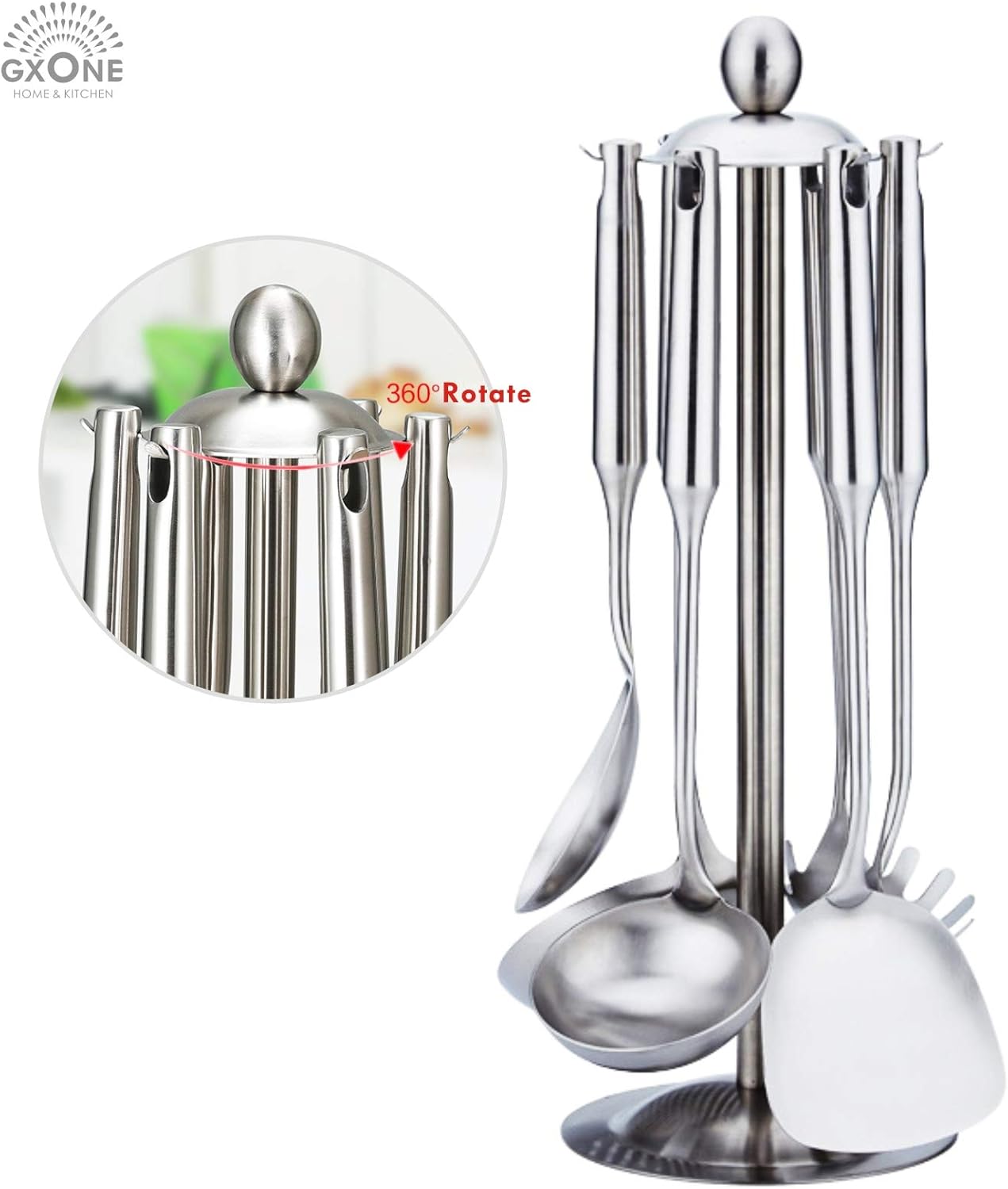 Kitchen Utensil Set – 6 Piece Stainless Steel Cooking Utensils with Rotating Holder Organizer Includes Slotted Spoon, Slotted Spatula, Large Spoon, Soup Ladle, Spatula, Pasta Server Silver/7PCS - Culinary Roots
