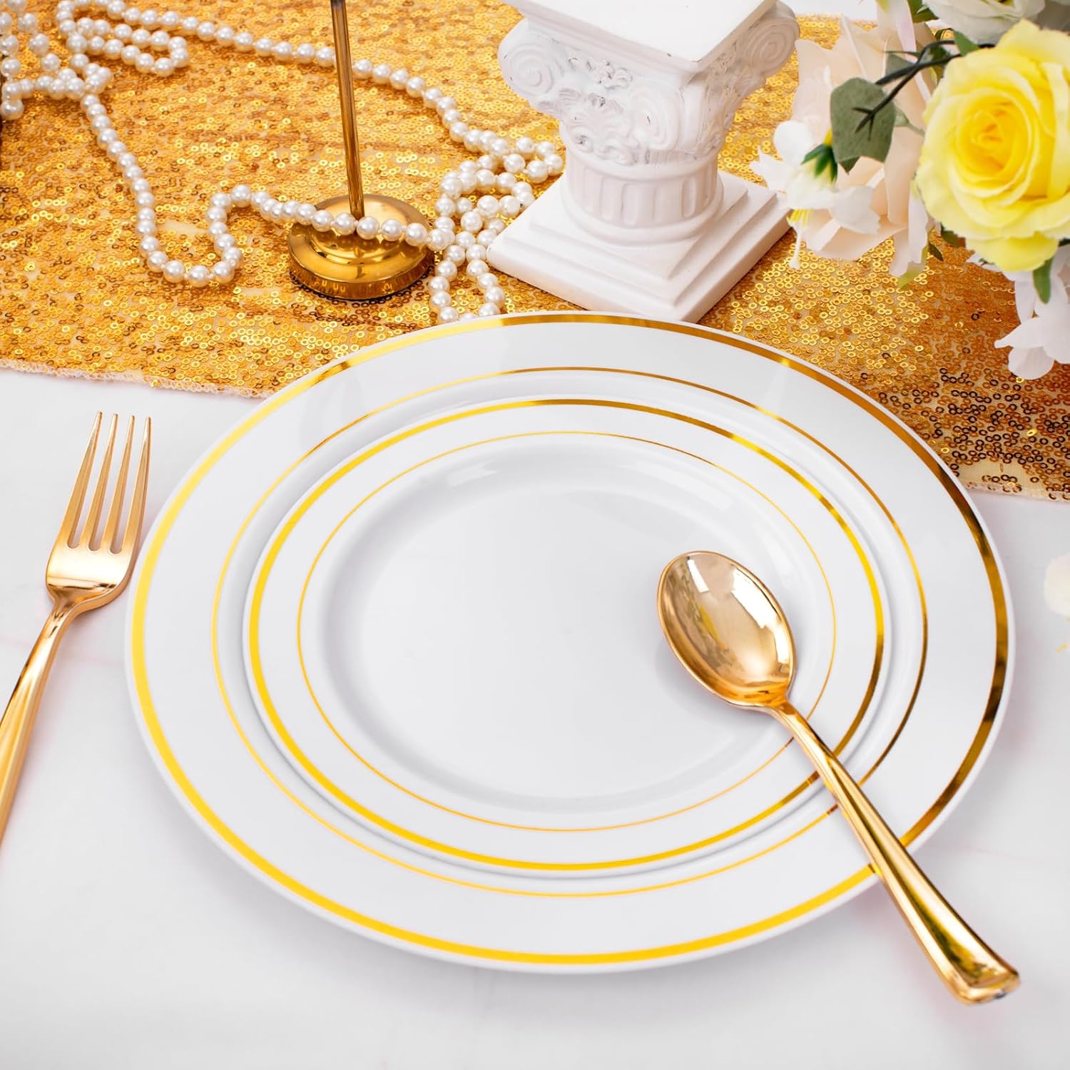 FLOWERCAT 60PCS Gold Plastic Plates - Heavy Duty White and Gold Plastic Plates Disposable for New Year/Thanksgiving Party/Wedding - Include 30PCS 10.25" Dinner Plates and 30PCS 7.5" Dessert Plates - Culinary Roots