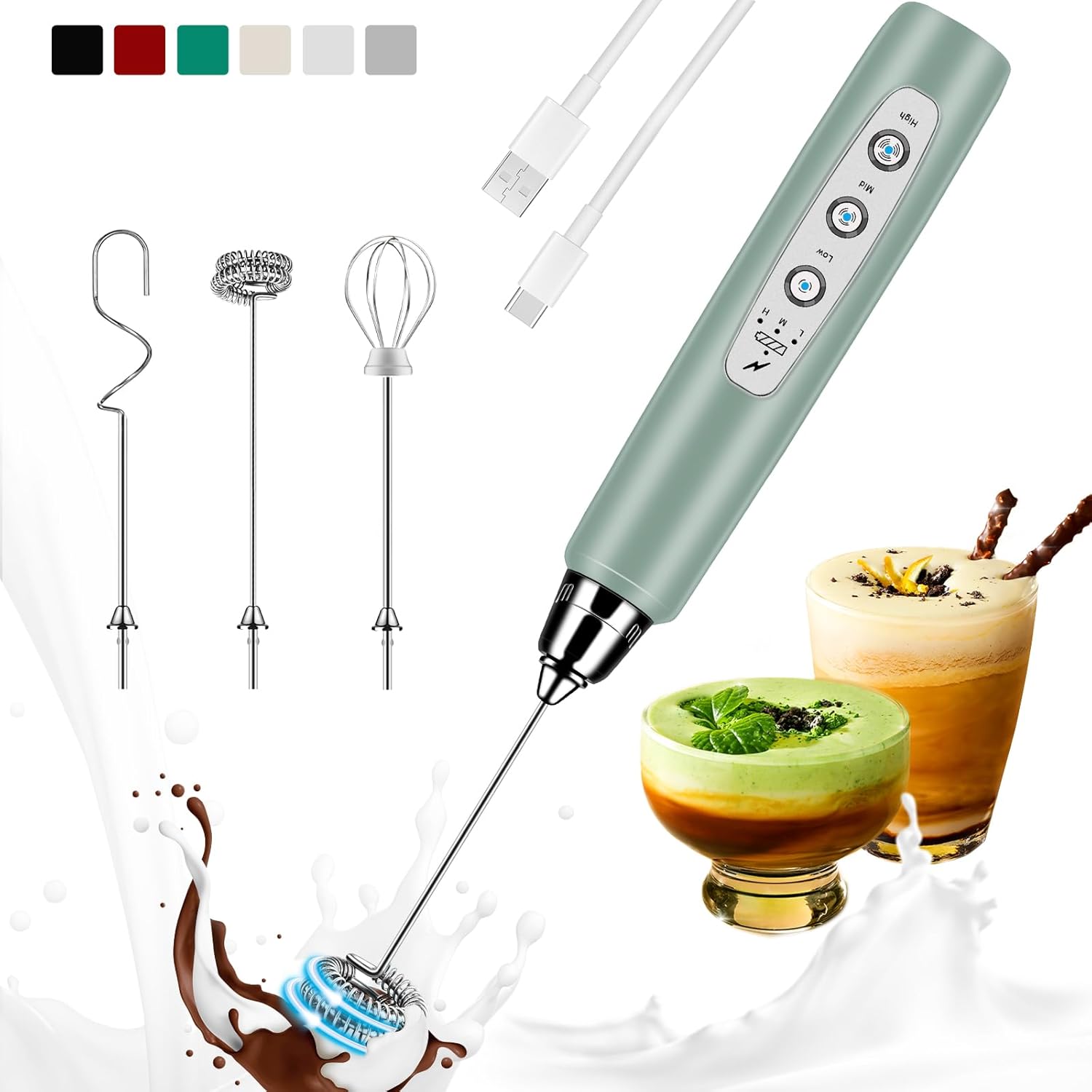 Milk Frother Handheld Rechargeable, Frother Wand Drink Mixer Electric Whisk for Coffee, Detachable With 3 Stainless Whisks, Hand Mixer for Lattes, Cappuccino, Matcha, No Stand, Sage Green - Culinary Roots