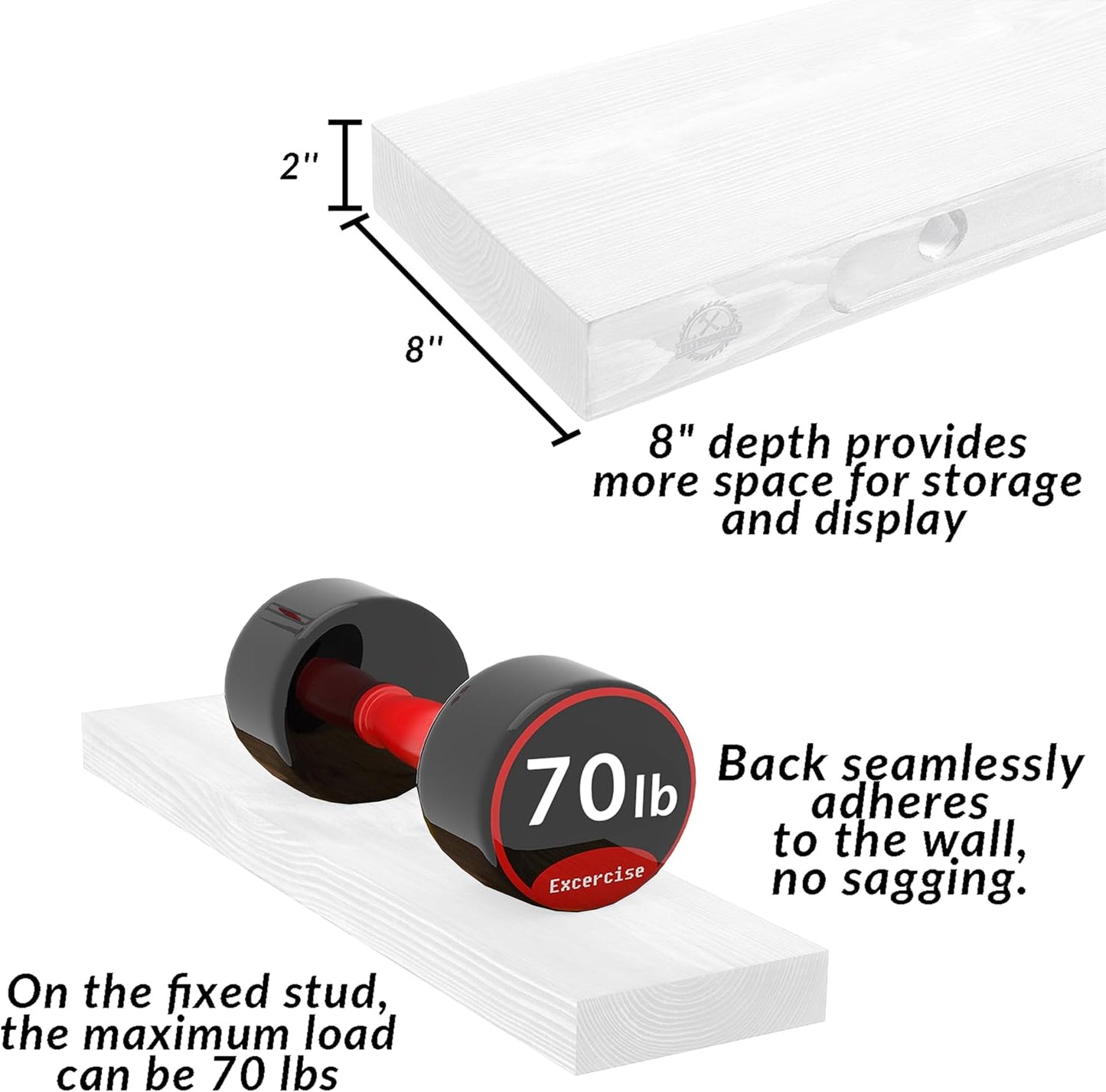 Rustic Floating Shelves 24 inch Long 8 inch deep Set of 2, Solid Wood Wall Shelves for Bedroom Living Room Kitchen,Book Shelf for Wall, Wall Mounted Shelves with Hidden Bracket- White