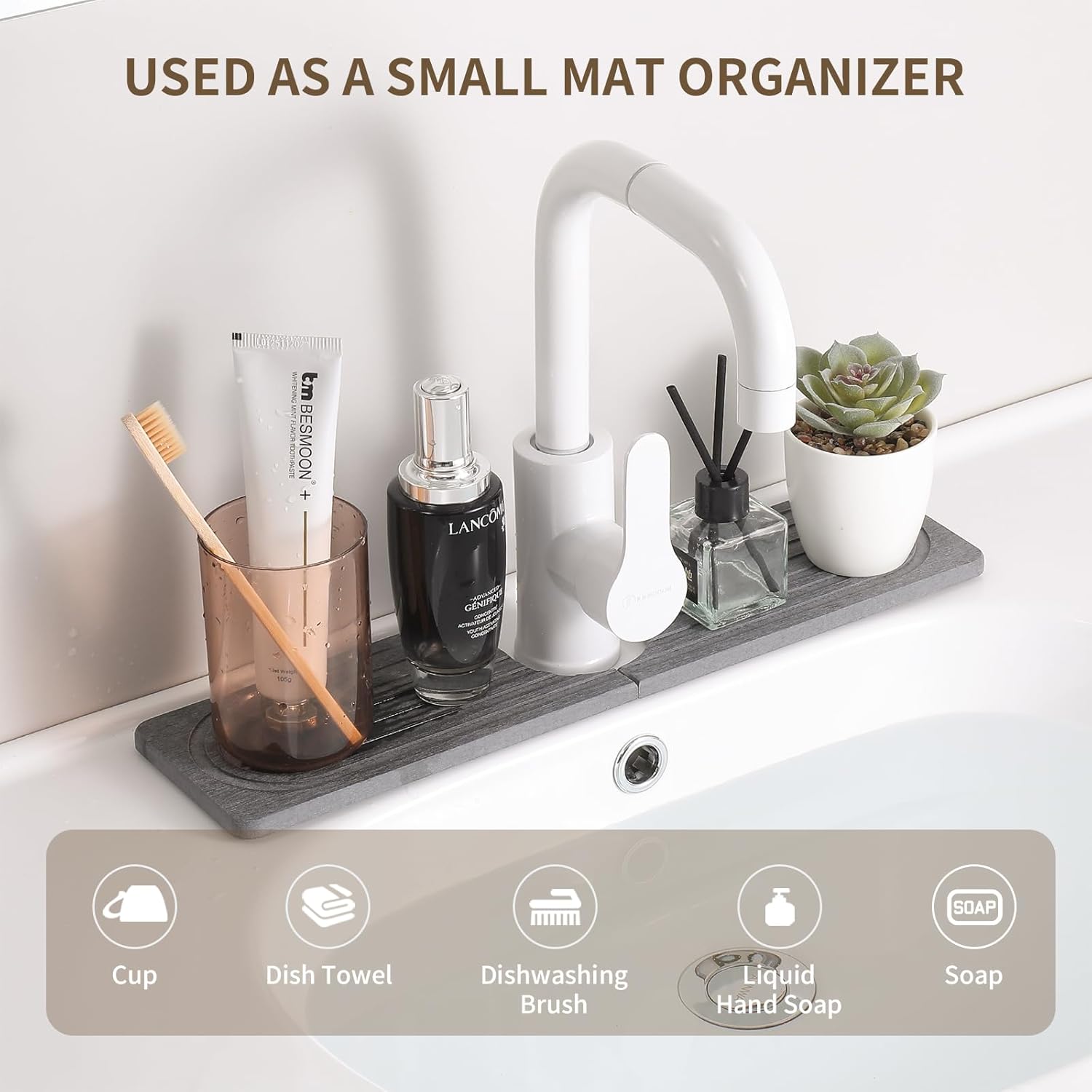 Faucet Mat for Kitchen Sink, Diatomite Stone Drying Sink Protectors, Bathroom Faucet Splash Guard, Quick Dry Water Absorbing, Non-Slip Stone Tray for Kitchen Counter, Grey, 15.7" x 3.9" - Culinary Roots