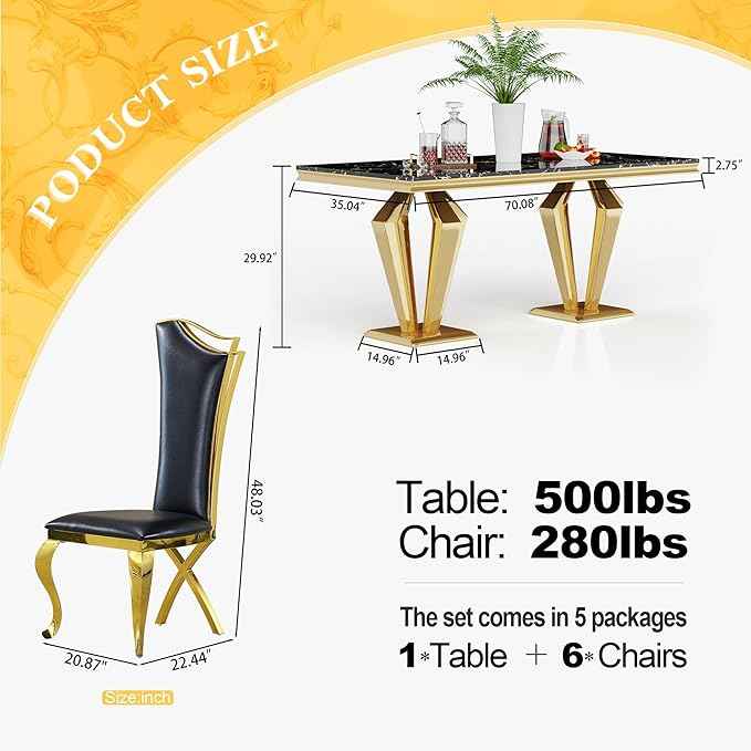 AF ARTISAN FURNITURE 7 Piece Luxury Dining Room Set, Modern Dining Table and Upholstered Chairs Set, Marble Kitchen Table Set for 6, Big Kitchen Dinner Tables Kit with Gold Base
