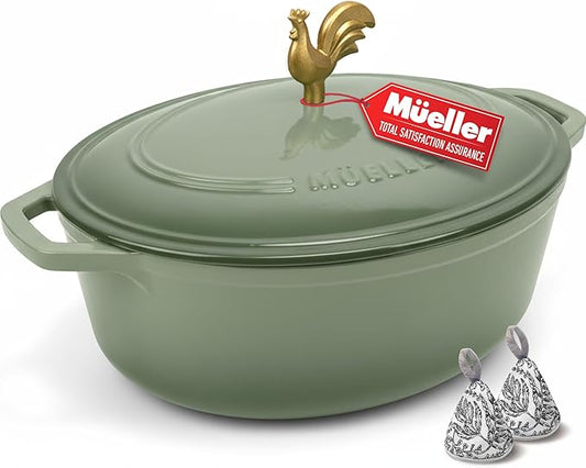 MUELLER HOME 5.5 Quart Enameled Cast Iron Oval Dutch Oven w Rooster Knob & Cotton Potholders, Heavy-Duty Cookware, Oven-Safe up to 500° F & Across All Cooktops, Gifts for Grandma & Women, Thyme Green