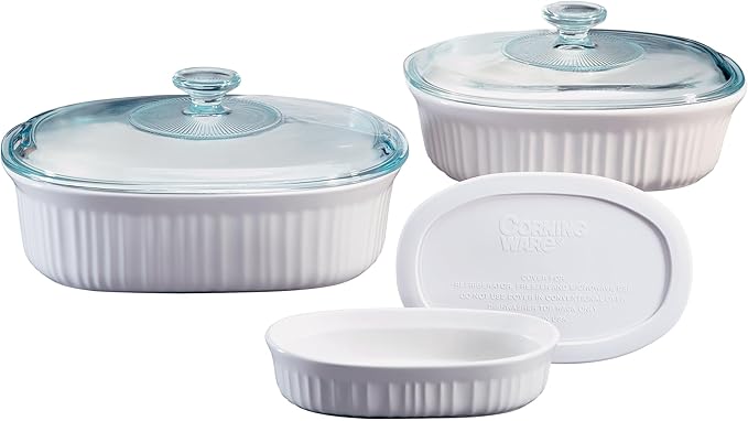 CorningWare Ceramic Bakeware Set with Lids Chip and Crack Resistant Stoneware Baking Dish, Microwave, Dishwasher, Oven, Freezer and Fridge Safe, 6-Piece French White