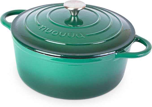 Nuovva Enamelled Cast Iron Dutch Oven Pot with Lid – 6.4 Quart Non Stick Casserole Pot – Heavy Duty & Oven Safe up to 500° F for Bread Baking, Braising, Stews, Roasting – 28cm Dark Green