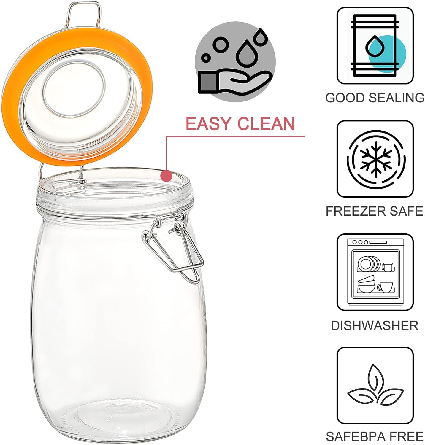 DANALLAN Wide Mouth Mason Jars, 4Pcs 32 oz Glass Jars with Airtight Lid Large Mason Canning Jars Clear Storage Canister Jars with Measurement Marks for Canning Flour Jam Jelly Coffee Sugar Beans