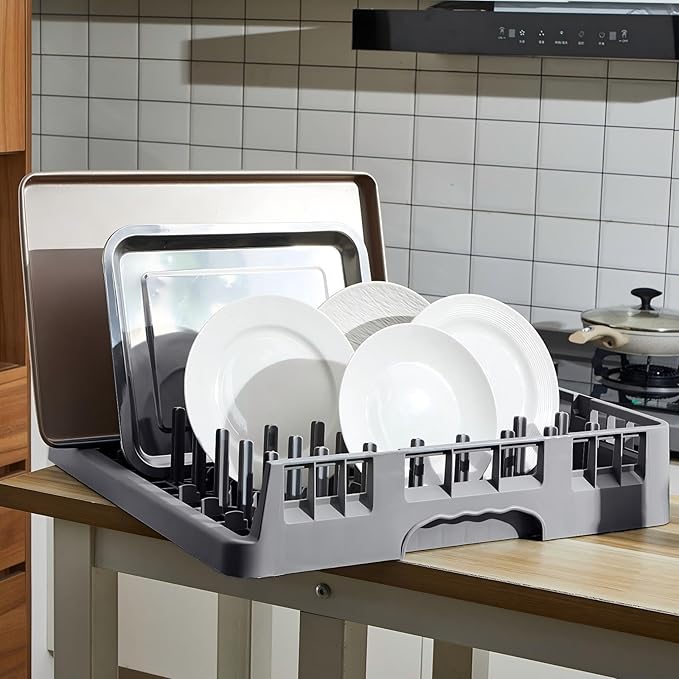 1 Pack Commercial Dishwasher Tray Rack Polypropylene Full Size Flatware Rack for Bowls Plates Knives Forks Cups (Peg Dish Opening,Gray)