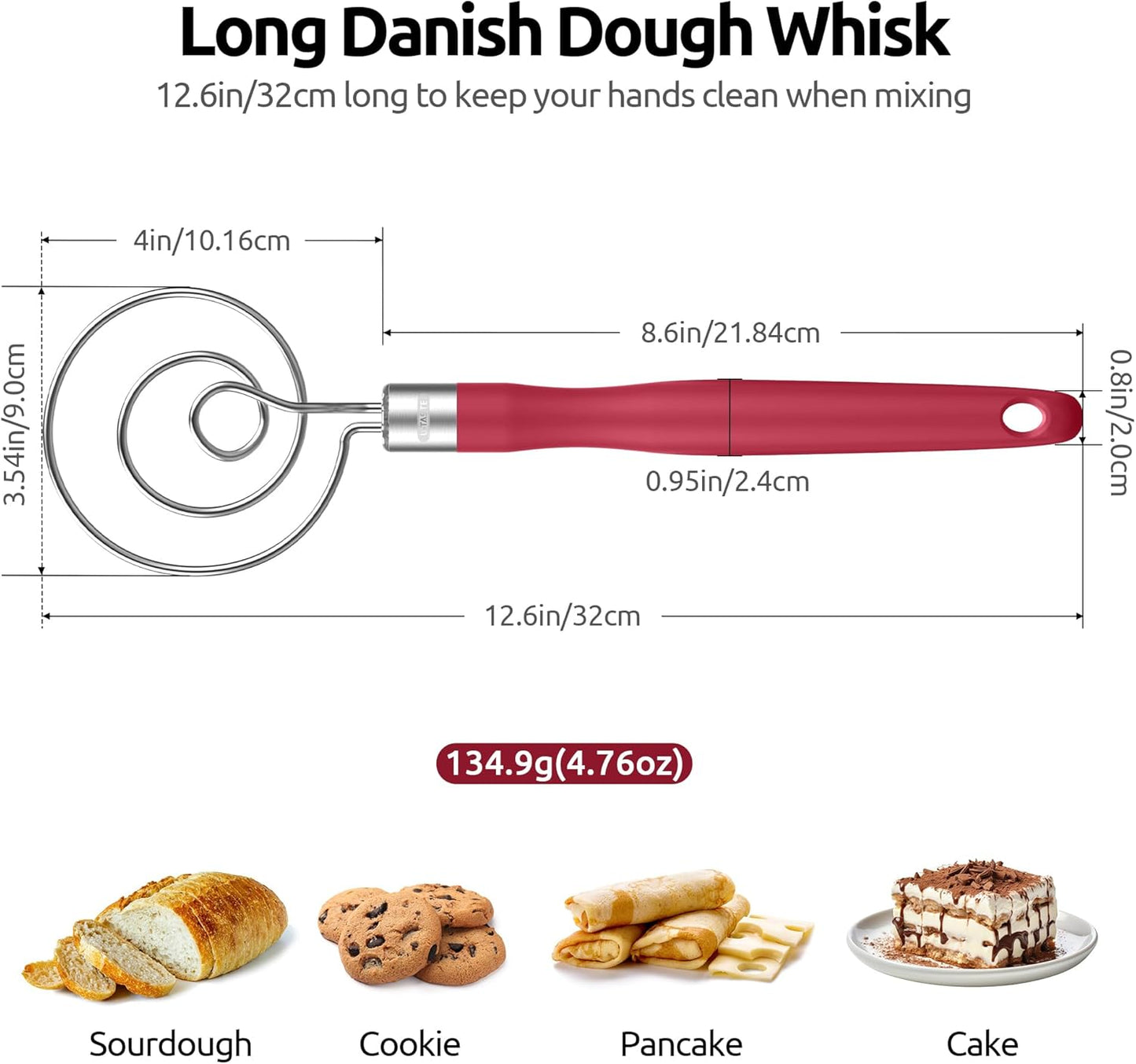 U-Taste 12.6in Danish Dough Whisk: 18/8 Stainless Steel Heavy-Duty Sourdough Mixer Tool, Food Grade Dutch Style Seamless Bread Wisk, Sturdy for Mixing, Stirring, Pressing, Kneading Thick Batter (Red) - Culinary Roots