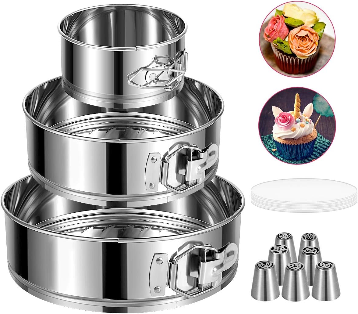 Springform Pan, Stainless Steel Springform Cake Pan, Leakproof & Nonstick Cheesecake Pan, 4" 7" 9" Round Cake Molds with 50 Pcs Paper Liners and 7 Pcs Piping Tips - Culinary Roots