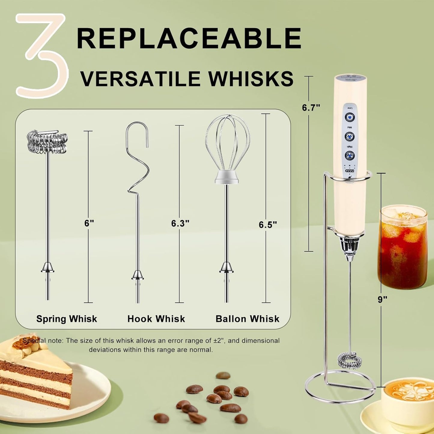 YUSWKO Beige Handheld Milk Frother Wand with Stand for Coffee, Rechargeable Electric Whisk with 3 Heads 3 Speeds Drink Mixer Coffee Frother For Latte, Cappuccino, Hot Chocolate, Egg - Culinary Roots