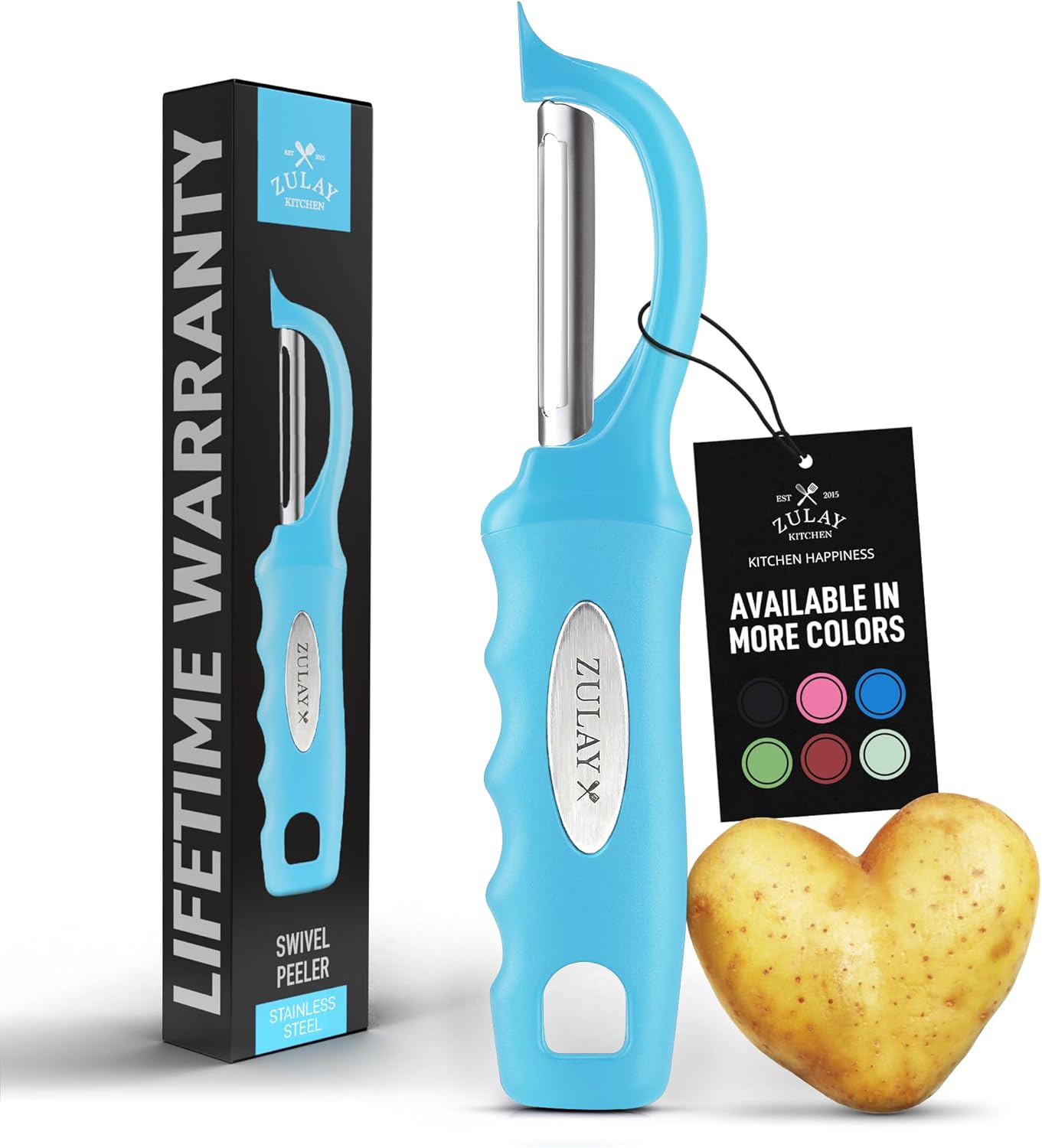 Zulay Kitchen Premium Vegetable Peeler for Kitchen - Swivel Peeler with Razor Sharp Stainless Steel Blades & Strong Ergonomic Handle - Dishwasher Safe, Easy To Use with Blemish Remover - Light Blue - Culinary Roots