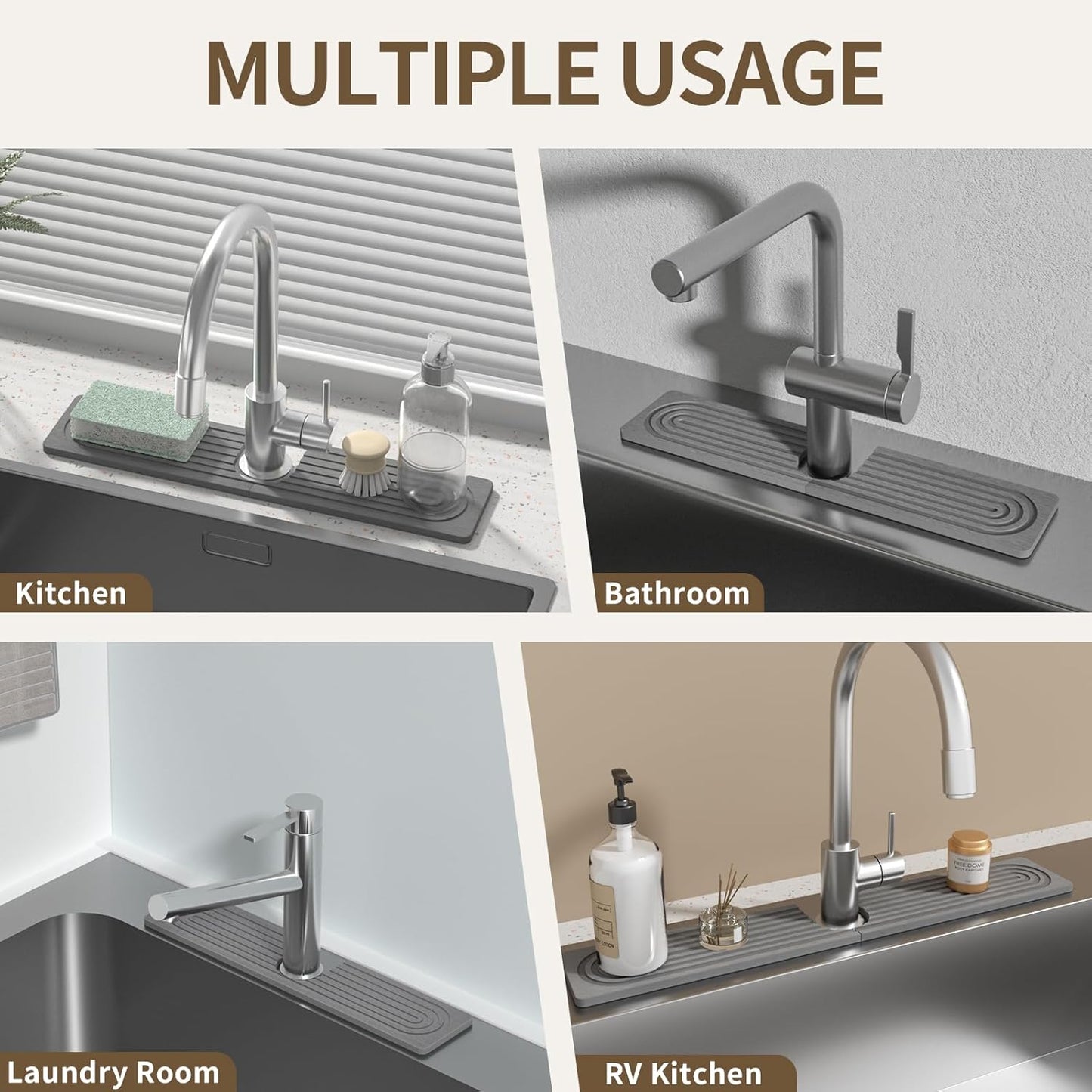 Faucet Mat for Kitchen Sink, Diatomite Stone Drying Sink Protectors, Bathroom Faucet Splash Guard, Quick Dry Water Absorbing, Non-Slip Stone Tray for Kitchen Counter, Grey, 15.7" x 3.9" - Culinary Roots