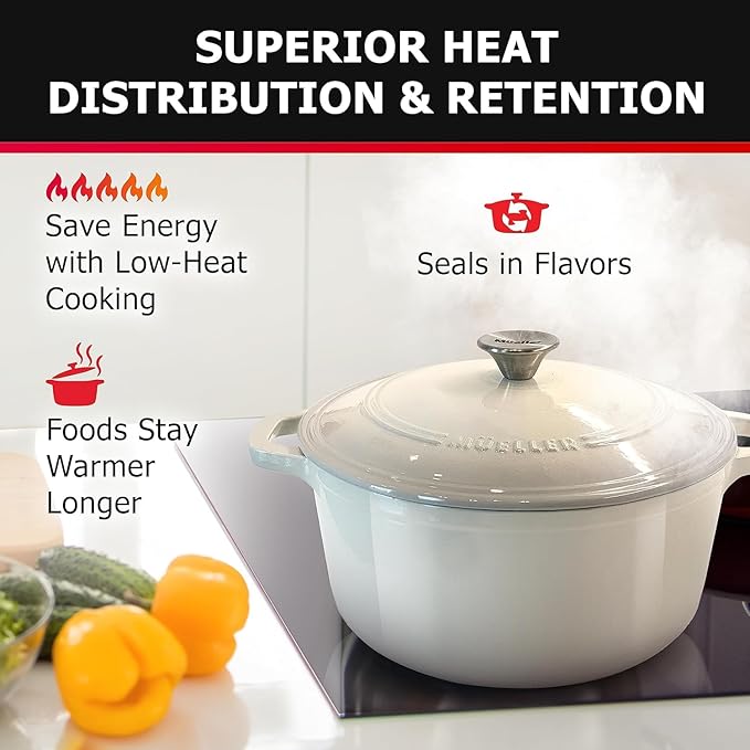 MUELLER HOME 4.5 QT Enameled Cast Iron Dutch Oven, Heavy-Duty Casserole Dish and Braiser Pan with Lid and Stainless Knob, Oven-Safe up to 500° F & Across All Cooktops, Oyster White