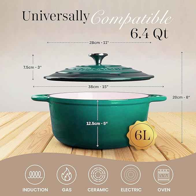 Nuovva Enamelled Cast Iron Dutch Oven Pot with Lid – 6.4 Quart Non Stick Casserole Pot – Heavy Duty & Oven Safe up to 500° F for Bread Baking, Braising, Stews, Roasting – 28cm Dark Green