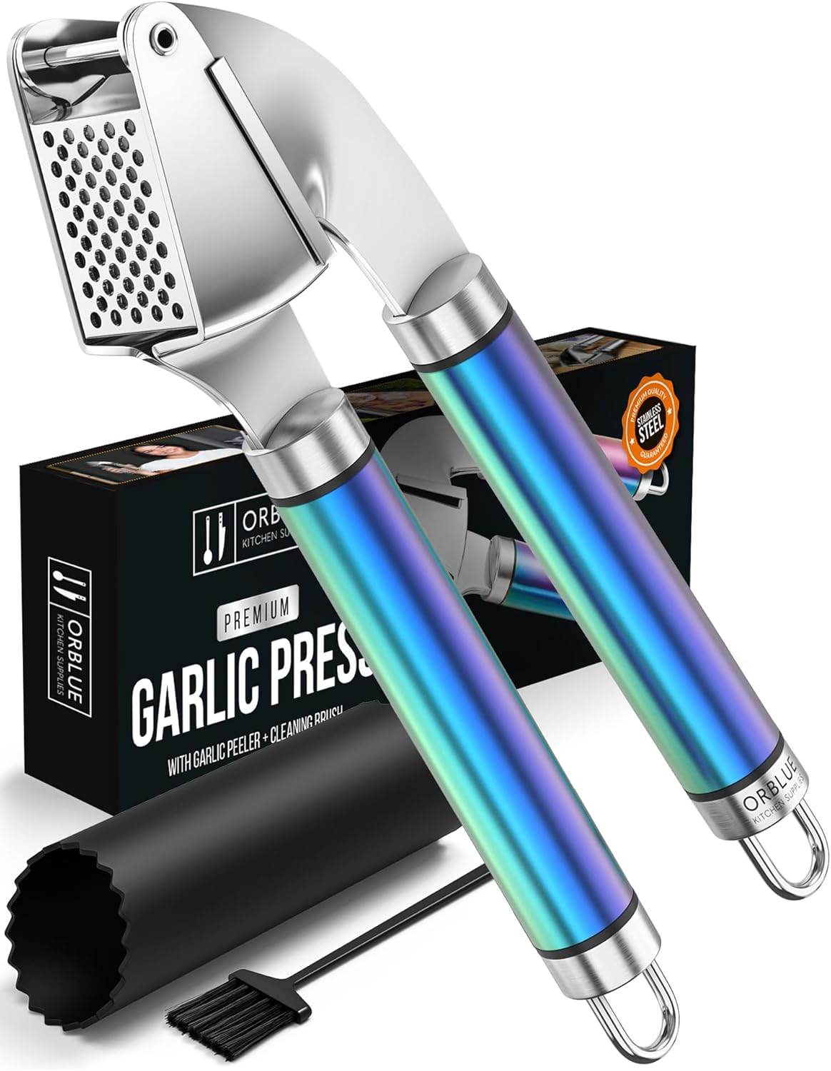 ORBLUE Garlic Press Stainless Steel - Premium Professional Grade Garlic Mincer, Crusher & Peeler Set - Easy Clean, Dishwasher Safe & Rust-proof, Multi-colored - Culinary Roots