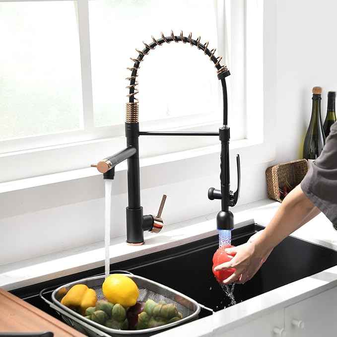 Fapully Commercial Single Handle Pull Down Sprayer Black&Rose Gold Kitchen Faucet,Kitchen Sink Faucet with LED Light