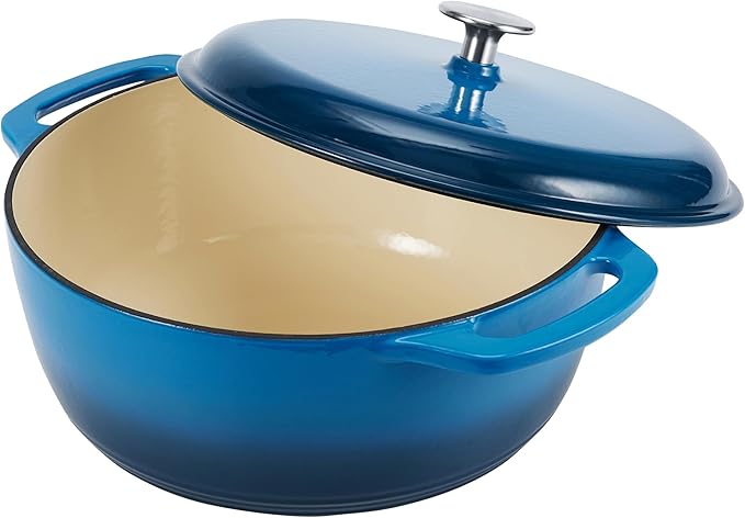 Amazon Basics Enameled Cast Iron Dutch Oven Pot with Lid, Oven Safe, Heavy-Duty, Dual Handles for Roasting and Stews, 7.3-Quart, Blue