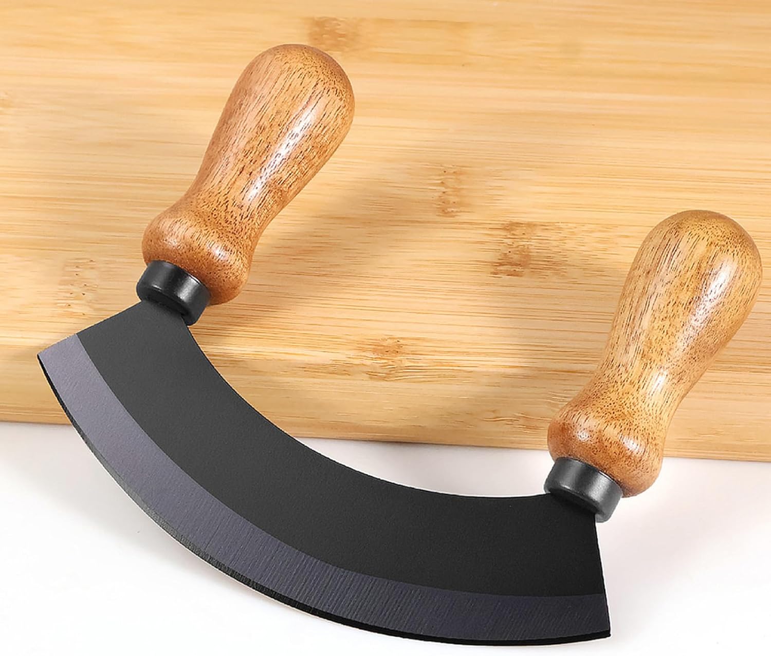 5.4 Inch Stainless Steel Mezzaluna Knife - Salad Chopper Rocker Pizza Cutter Rocker Knife Curved Blade Sharp Blade Double Acacia Wood Handle Fruit Vegetable Mincing (5.4 Inch Black) - Culinary Roots