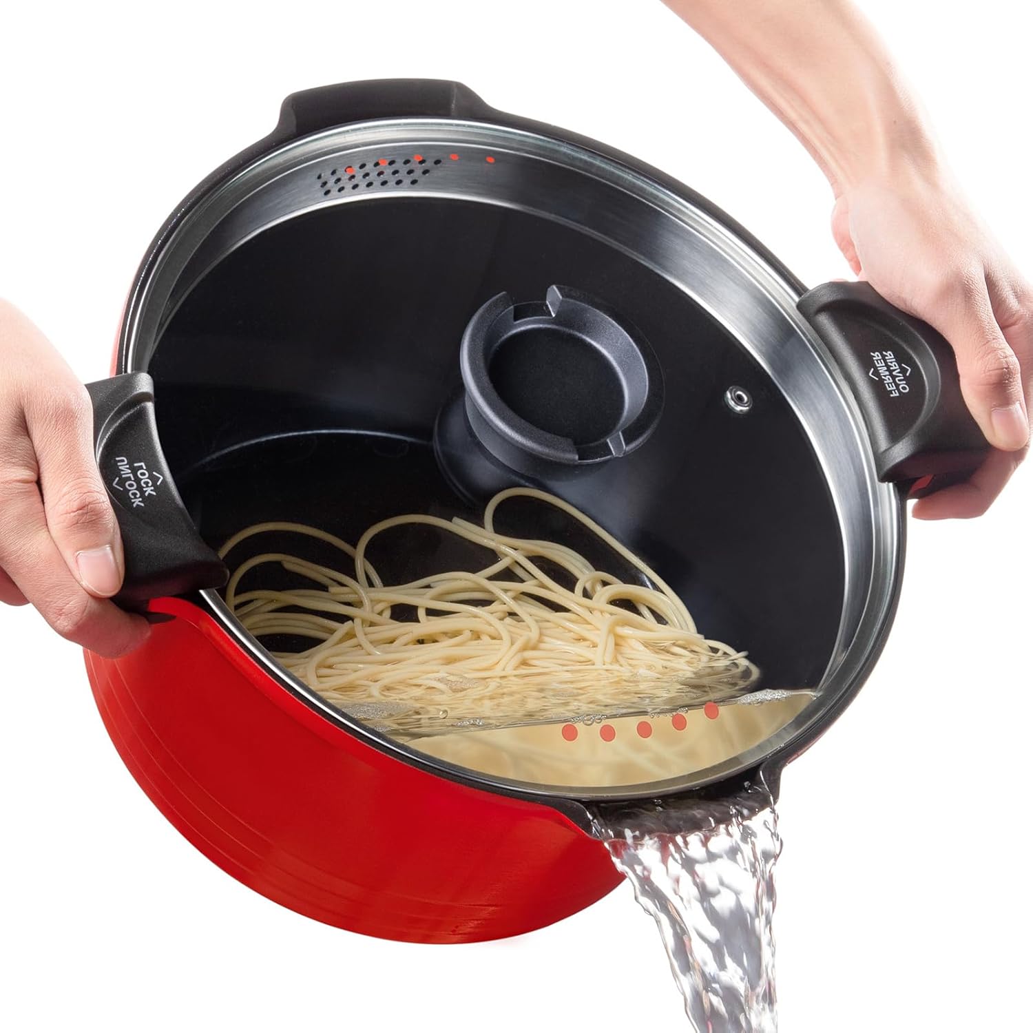 5qt Pasta Pot with Strainer Lid, Cast Aluminum Stockpot Multipot, Nonstick Ceramic Coating make Cleanup easy with Tempered Glass Lid, Dishwasher Safe, Induction, Black (Red, 5 Quarts) - Culinary Roots