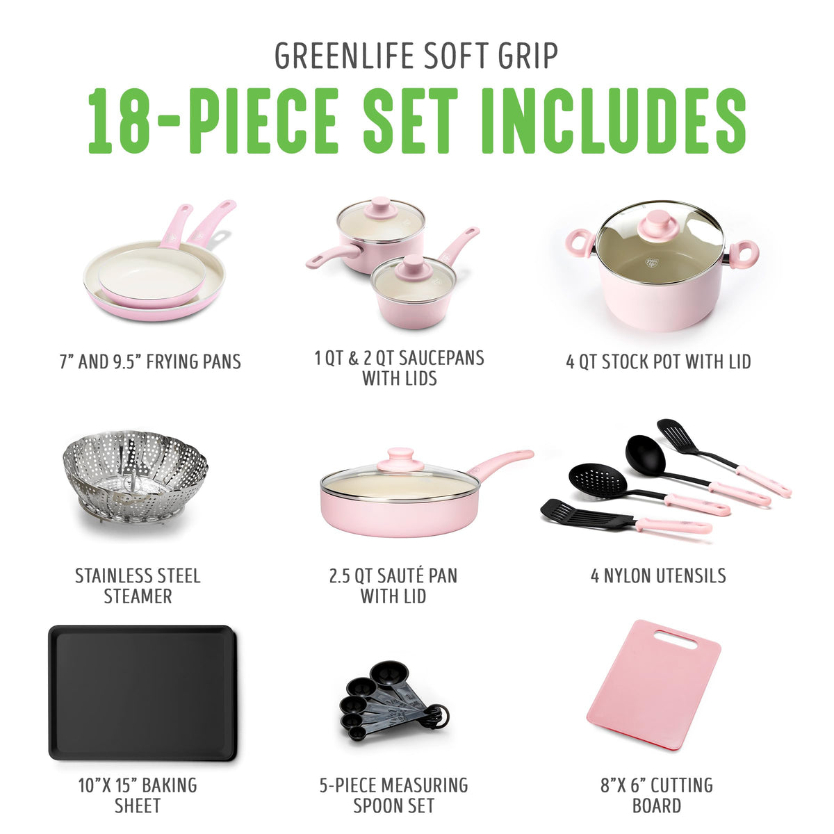 Soft Grip Healthy Ceramic Nonstick 18 Piece Kitchen Cookware Pots and Frying Sauce Saute Pans Set