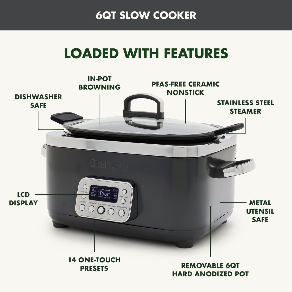 Elite 14-in-1 Nonstick 6QT Electric Slow Cooker, PFAS-Free Ceramic Multi-Cooker, In-Pot Browning, Dishwasher Safe Lid & Removable Crock, Stainless Steel Steamer, Silicone Handles, Graphite
