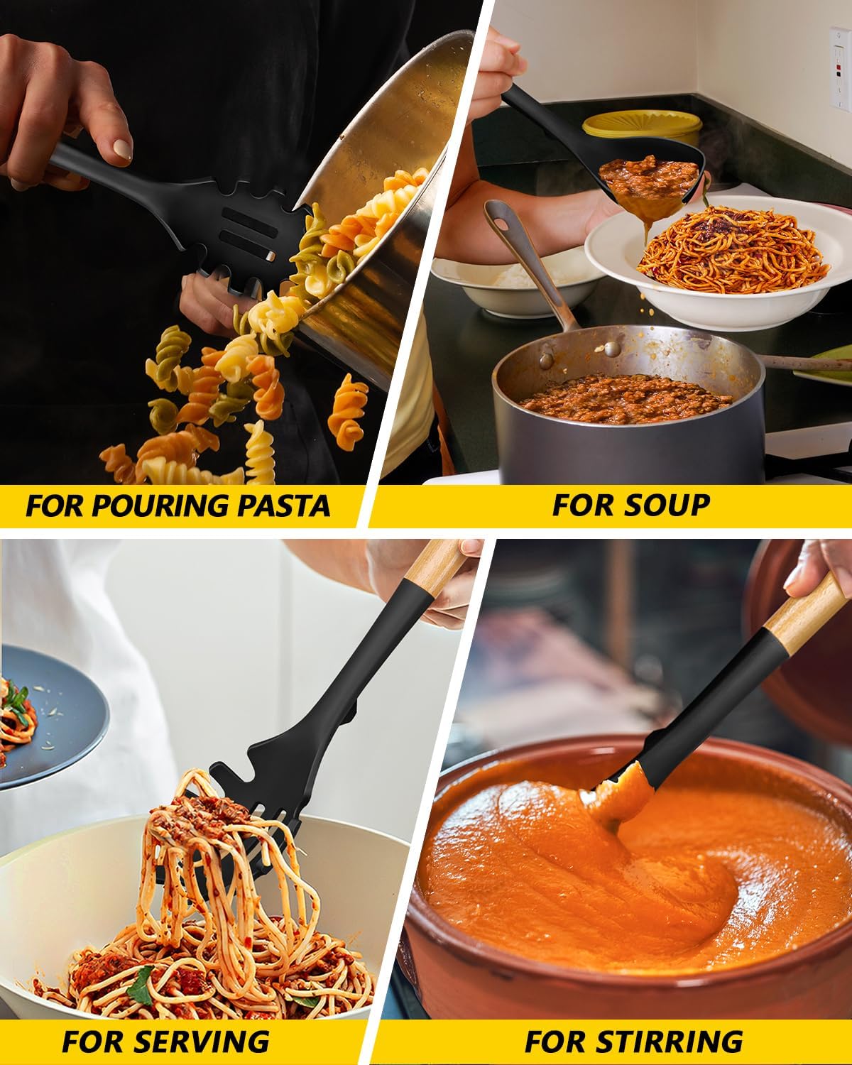 Silicone Soup Ladle and Spaghetti Spoon Set with Wooden Handle, Non Stick Heat Resistant Kitchen Utensils for Cooking, Stirring, Serving Pasta, Soup & Sauce(BLACK) - Culinary Roots