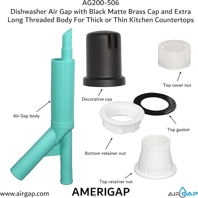 Dishwasher Air Gap with Skirted Black Matte Brass Cap and Extra Long Threaded Body for Thick or Thin Kitchen Countertops (AG200-506, AG200-X06, AMERIGAP)
