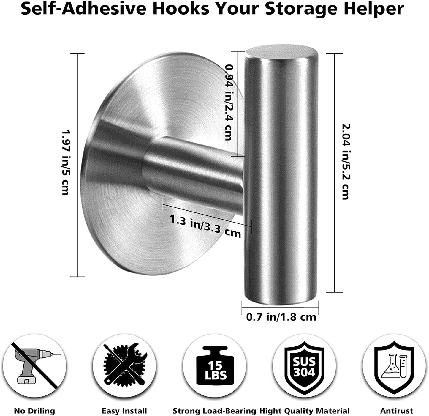 Adhesive Towel Hooks Heavy Duty Wall Hooks Stainless Steel Waterproof Shower Towel Hooks, Coat Hook for Hanging Clothes, Adhesive Hook for Bathroom, Glass Window, Kitchen- 2 Pack, Silver