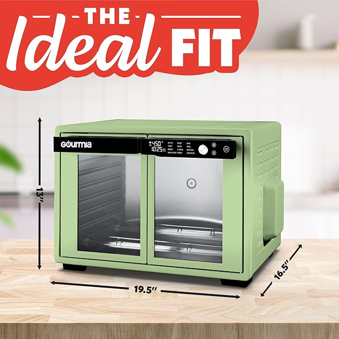 Gourmia French Door Air Fryer Oven - 37 Qt Large Capacity Convection Toaster Oven, FryForce 360°, Digital Display, 12 Cooking Presets, Dehydrate, Fits 13” Pizza, Dishwasher-Safe, Green