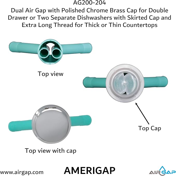 Dual Air Gap with Polished Chrome Brass Cap for Double Drawer or Two Separate Dishwashers with Skirted Cap and Extra Long Thread for Thick or Thin Countertops (AG200-204, AG200-X04, AMERIGAP)