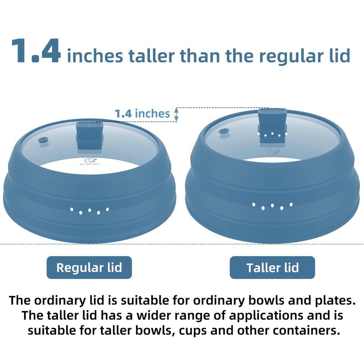 Tall Microwave Splatter Cover Glass Cover Guard Lid 6 inch Height with Collapsible Silicone for Food Pot Plate 12.5 inch Blue