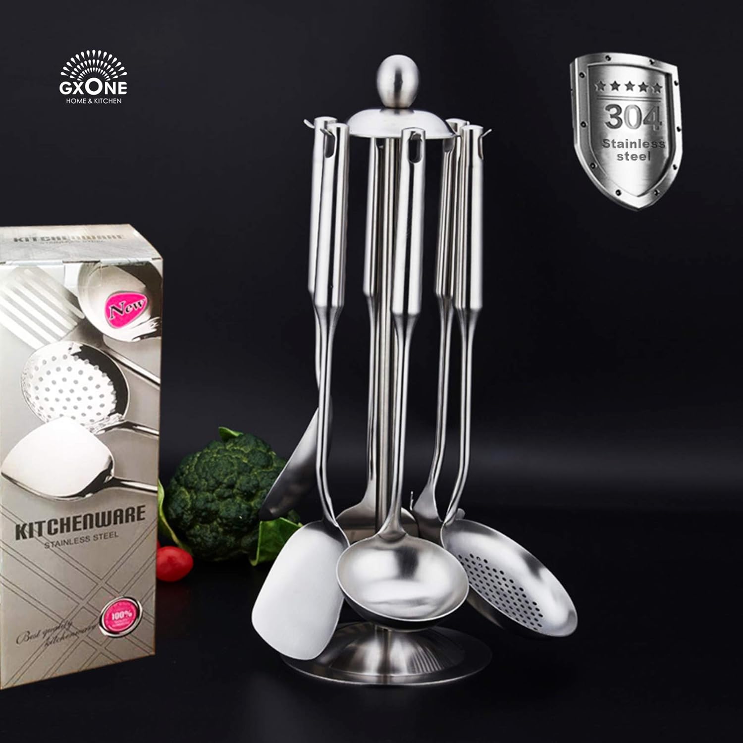 Kitchen Utensil Set – 6 Piece Stainless Steel Cooking Utensils with Rotating Holder Organizer Includes Slotted Spoon, Slotted Spatula, Large Spoon, Soup Ladle, Spatula, Pasta Server Silver/7PCS - Culinary Roots