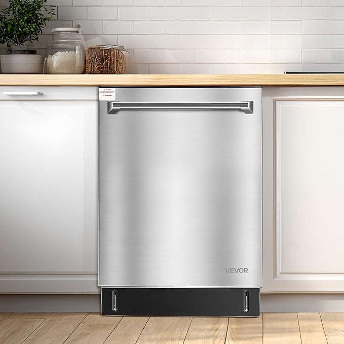 VEVOR 24 Inch Built-In Dishwasher, Stainless Steel Tub, 14 Place Settings and 8 Washing Programs, 23.82 x 25.2 x 33.78 Inch Low-Noise Dishwashing Machine with Upper/Lower Racks and Zoned Storage