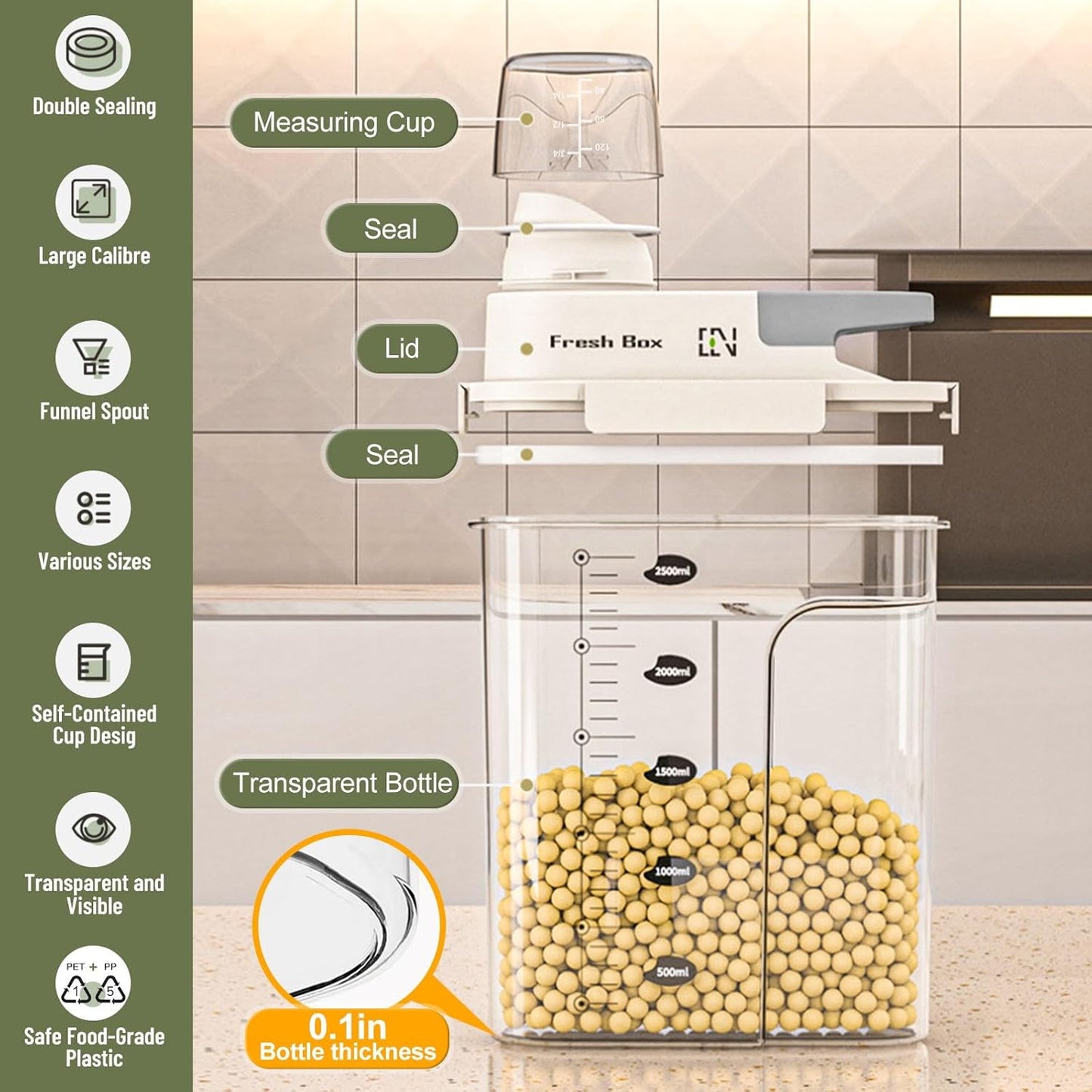 Cereal Storage Container 4Pack,61oz/1.8L Airtight Food Storage Containers With Lids,Organizers Storage With Measuring Cup for Beans,Sugar,Rice,Nuts,Snacks,Pet Food,Candy